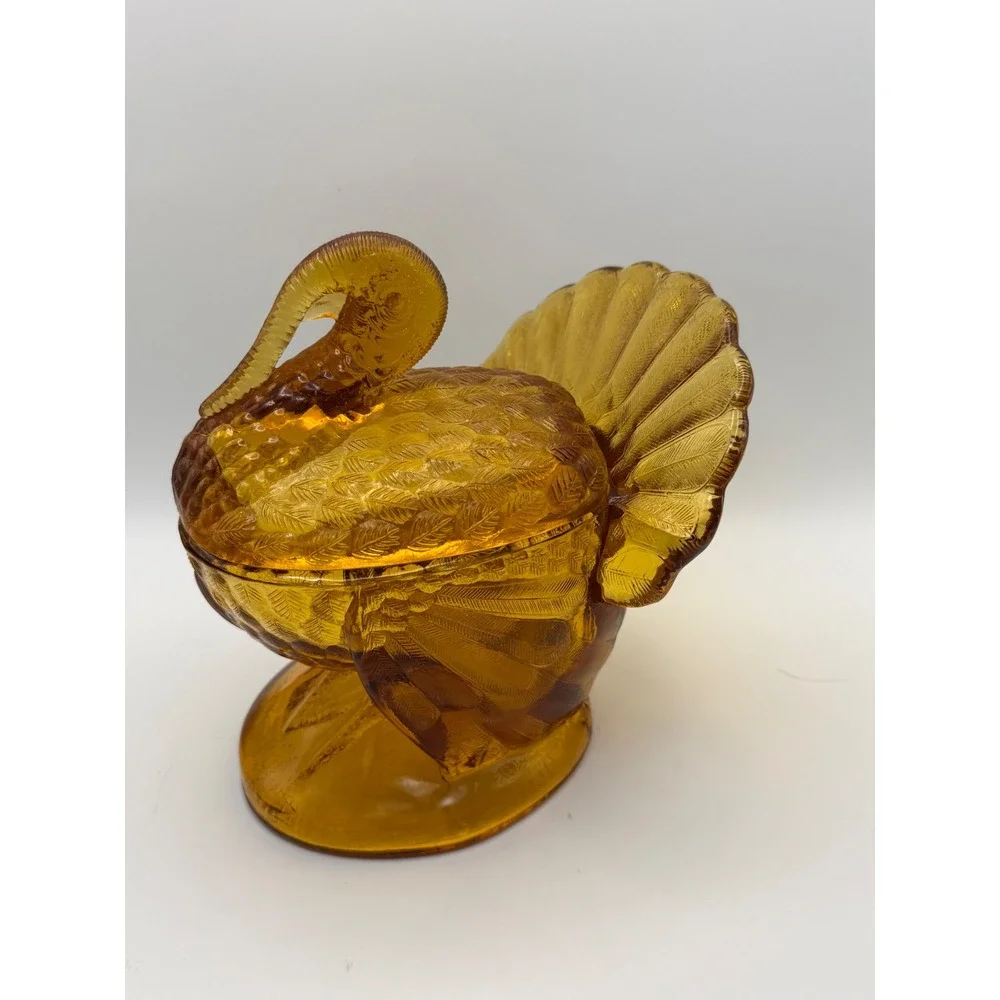 Vintage L.E. Smith Amber Pressed‎ Glass Turkey Candy Dish Lidded Harvest Decor